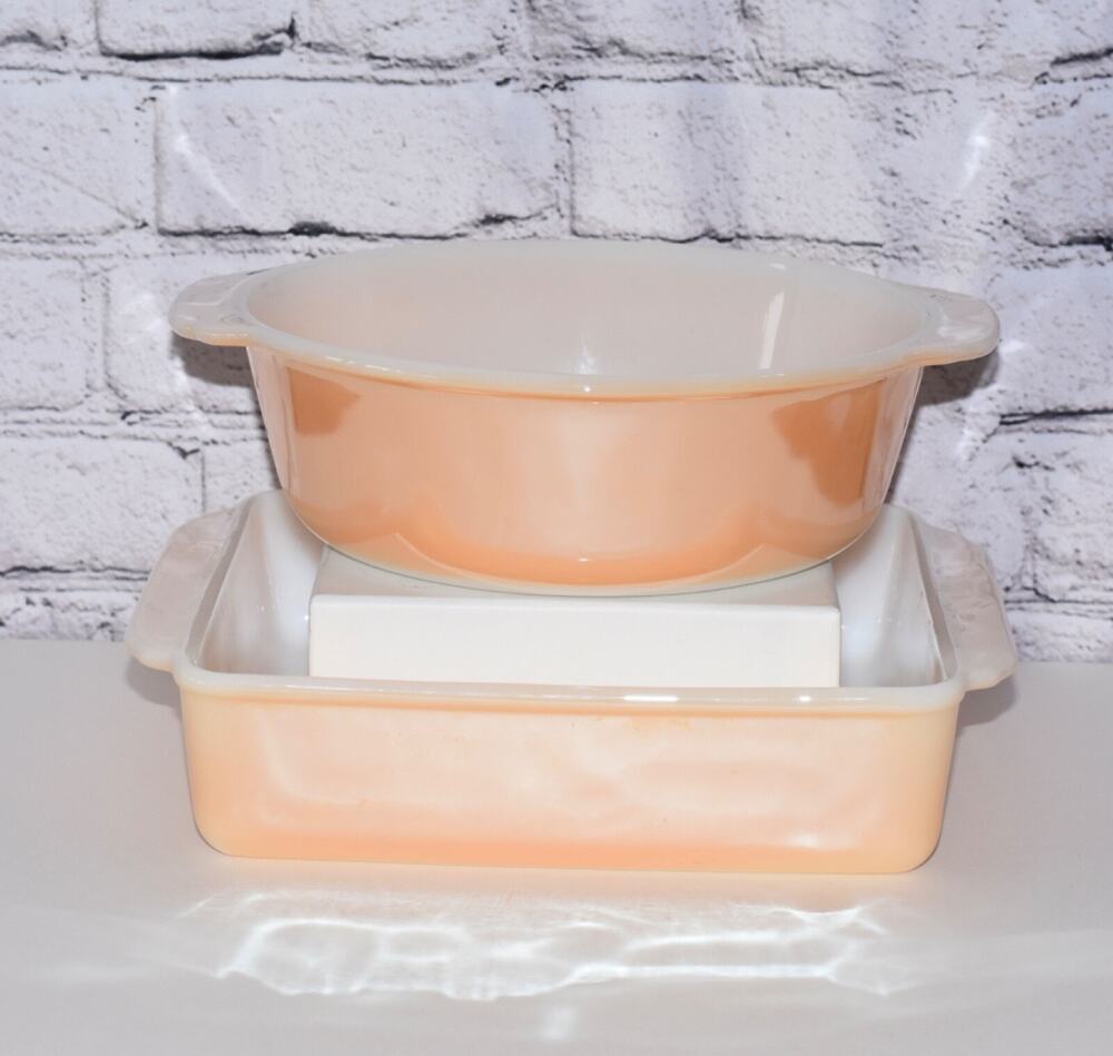 Fire King Peach Lustreware Casserole Baking Dishes #447 & #425 Reversed Logo
